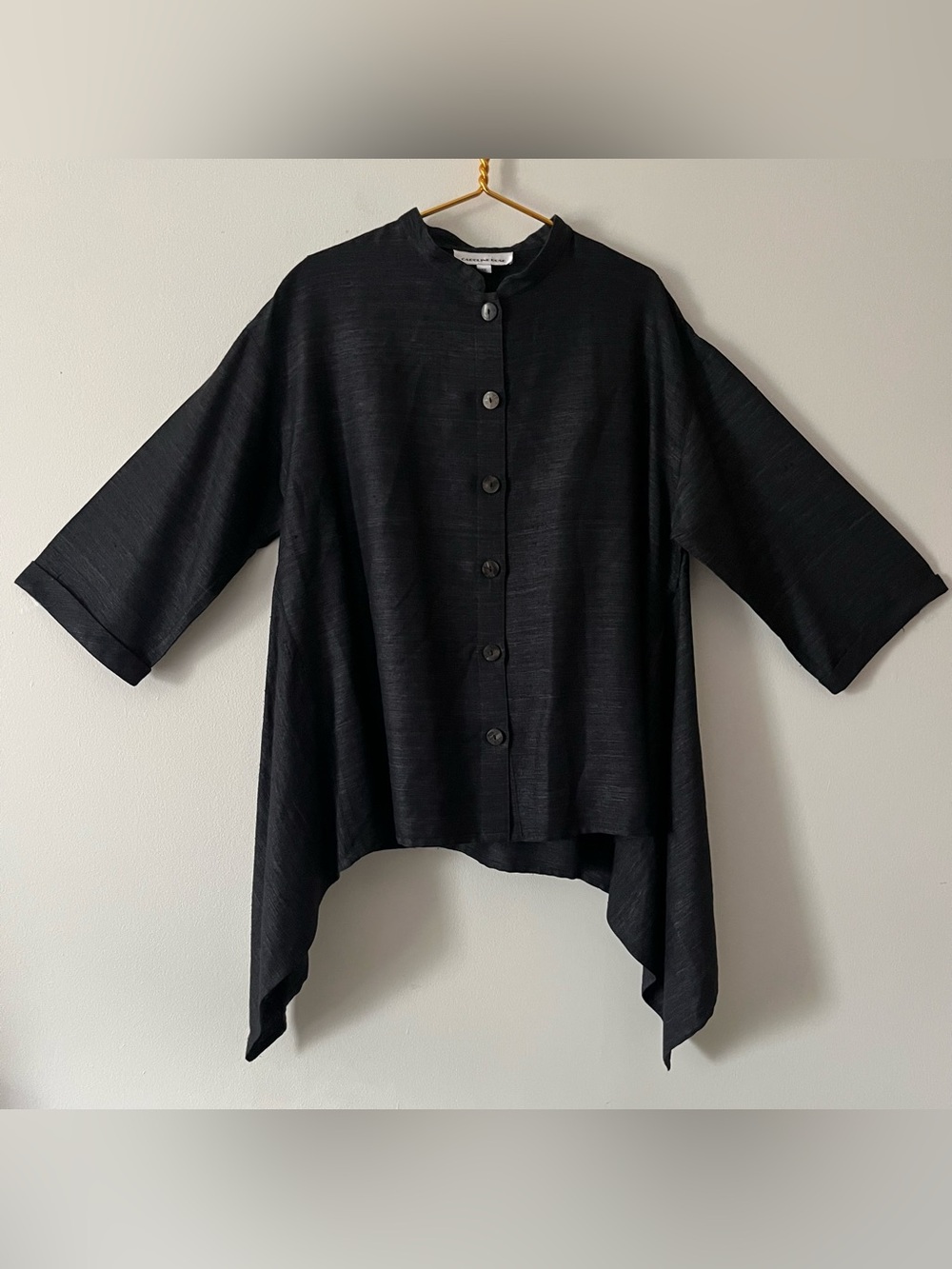Women’s Black Asymmetric 100% Silk Oversize Top 3/4 Sleeve Textured Lagenlook 1X